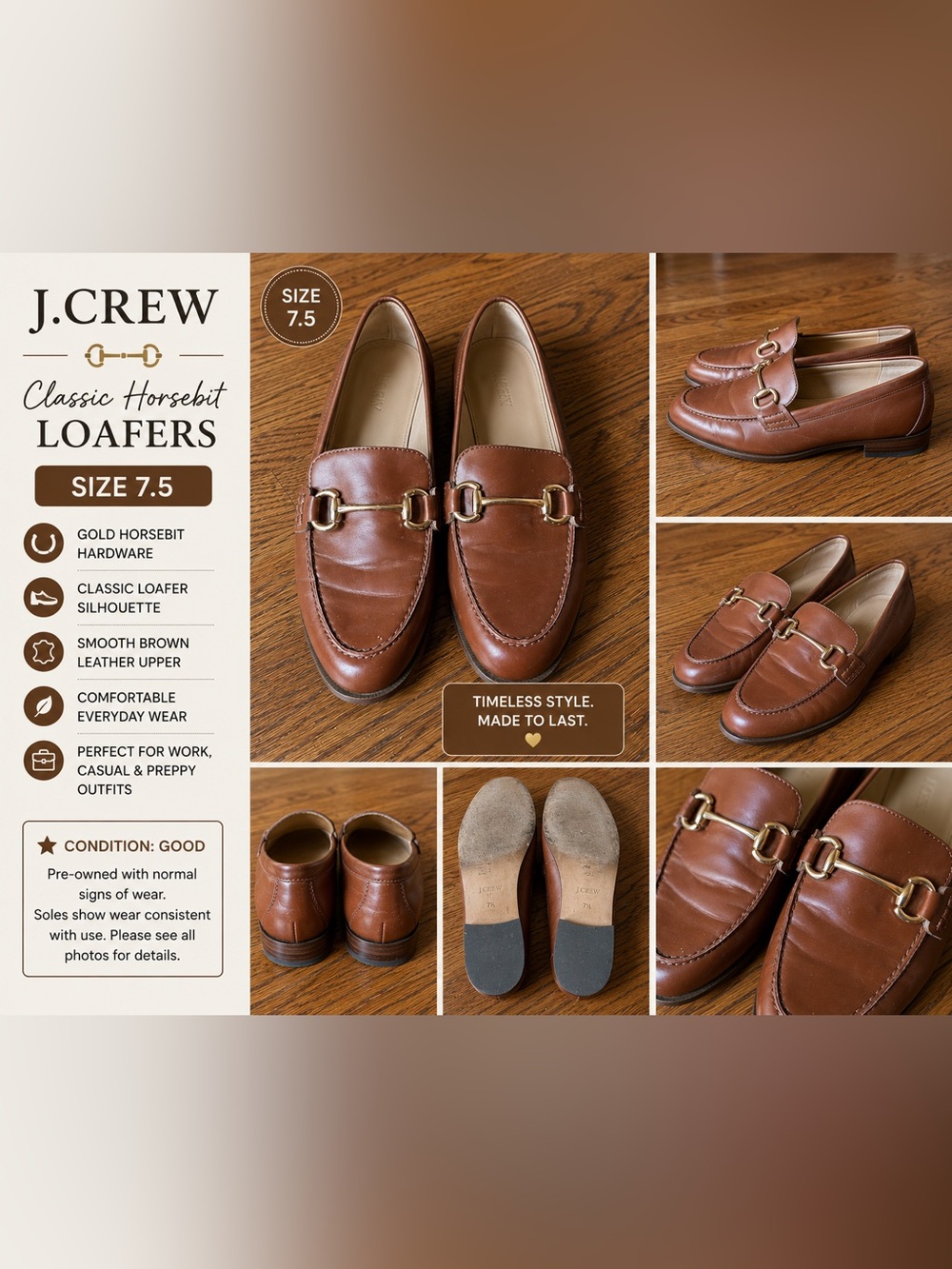 J.Crew Brown Horsebit Women’s Loafers Size 7.5 Classic Preppy Flats